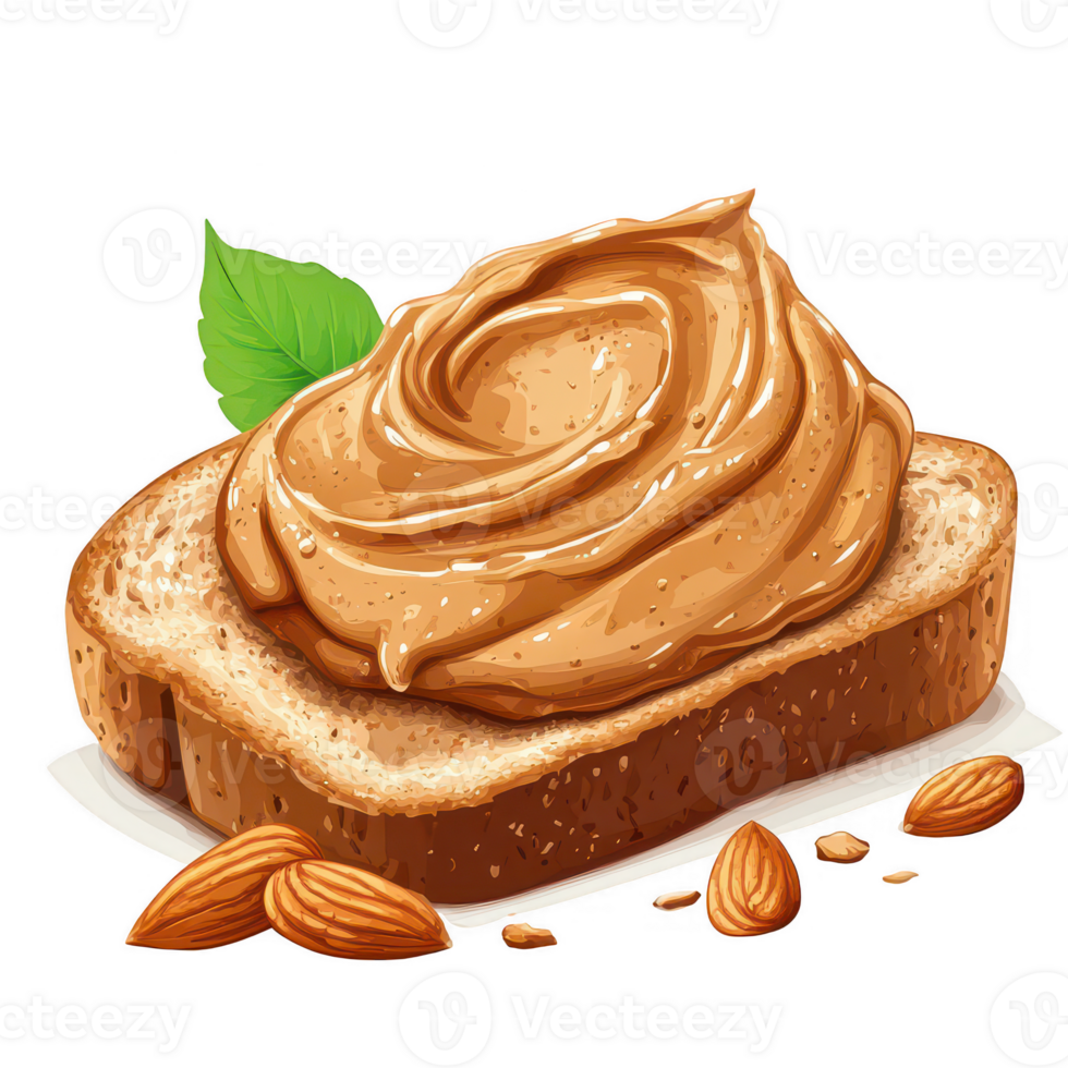 Delicious slice of bread topped with creamy almond butter and garnished with mint. png