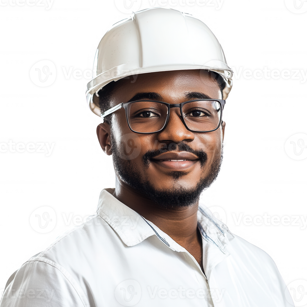 Portrait of a confident man in a white shirt wearing a hard hat and glasses. png