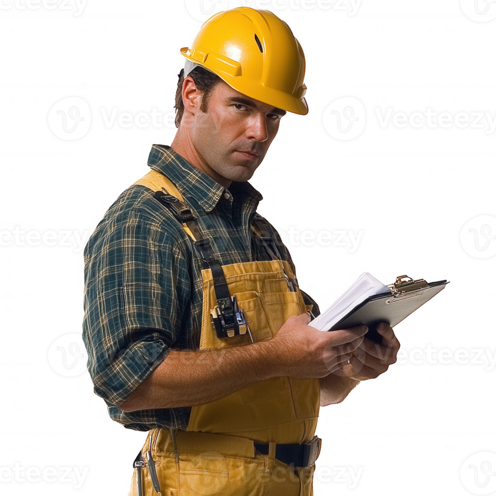 Male construction worker reviewing plans on a clipboard at a work site. png
