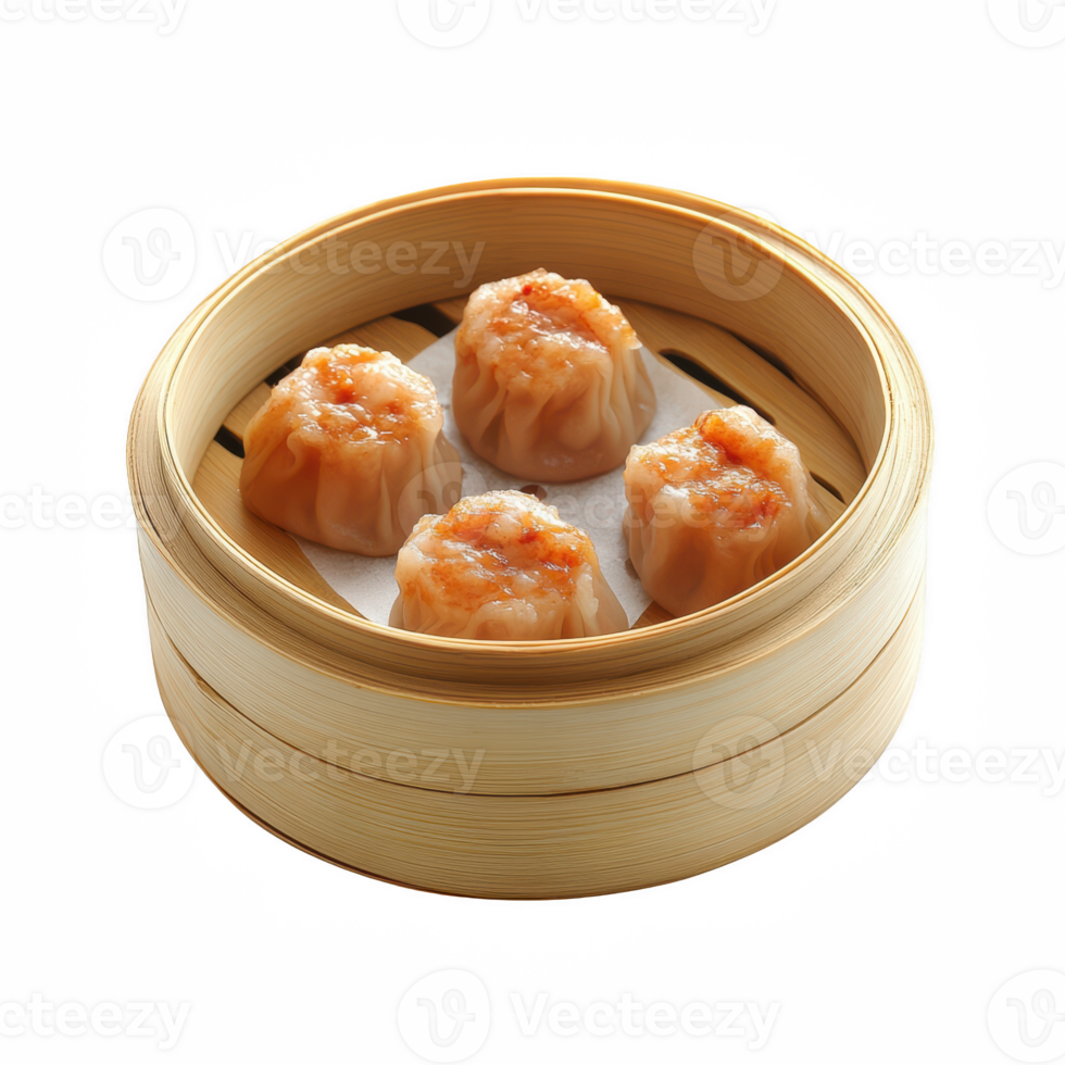Delicious steamed dumplings presented in a bamboo steamer for a culinary delight. png