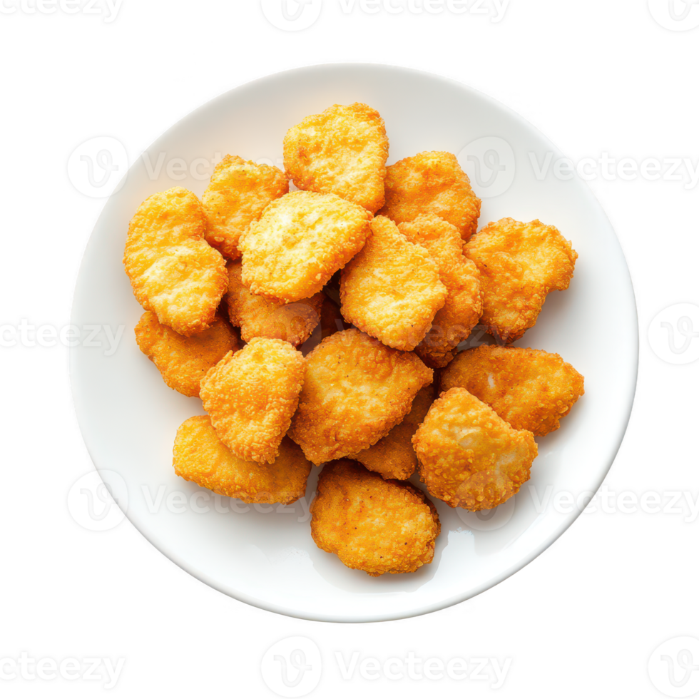Crispy and golden chicken nuggets served on a white plate, perfect for a snack. png