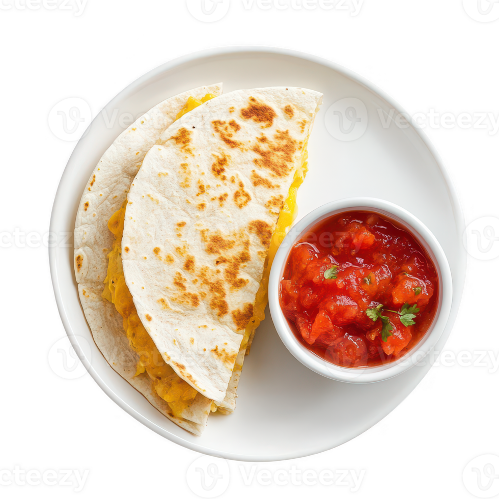Delicious cheesy quesadilla served with fresh salsa on a white plate. png