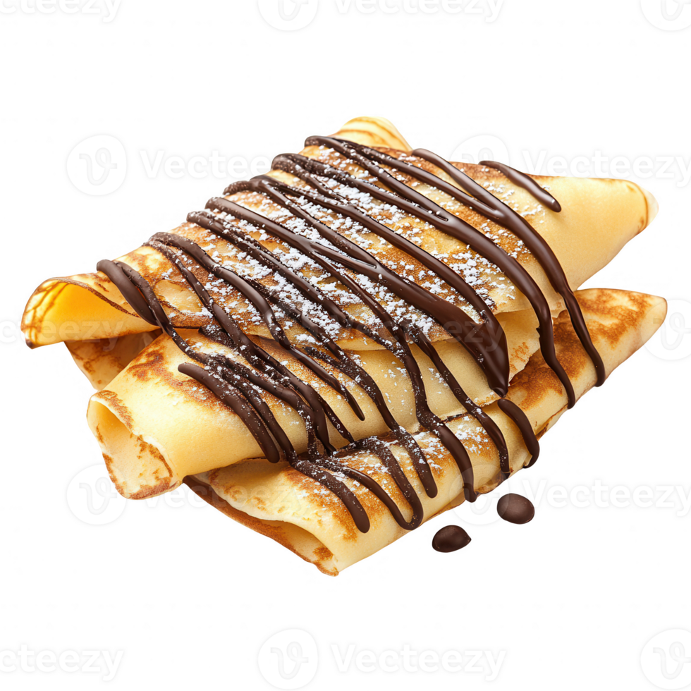 Delicious crepes topped with chocolate and powdered sugar, perfect for any dessert lover. png