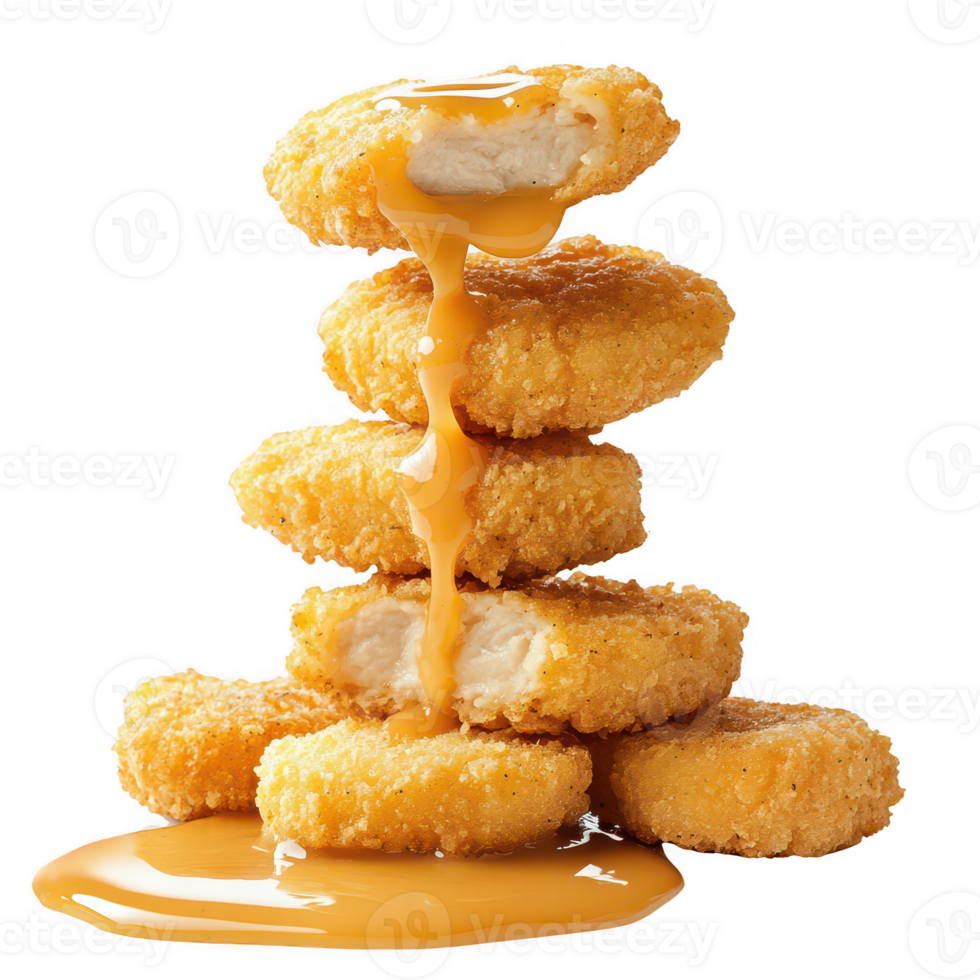 Stack of delicious golden chicken nuggets with creamy sauce dripping down. png
