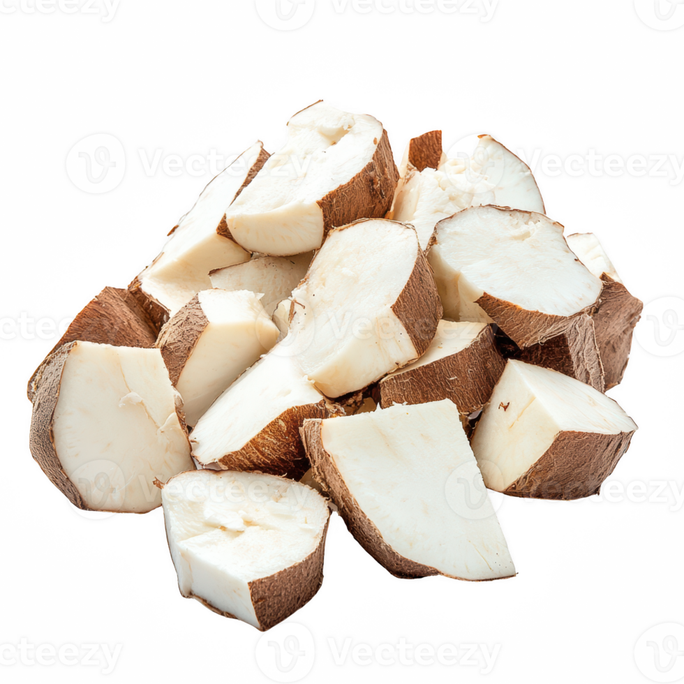 Freshly cut yuca pieces on a white background, perfect for delicious recipes. png