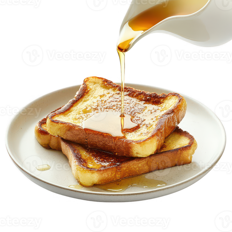 Golden French toast drizzled with syrup on a white plate, perfect for breakfast. png