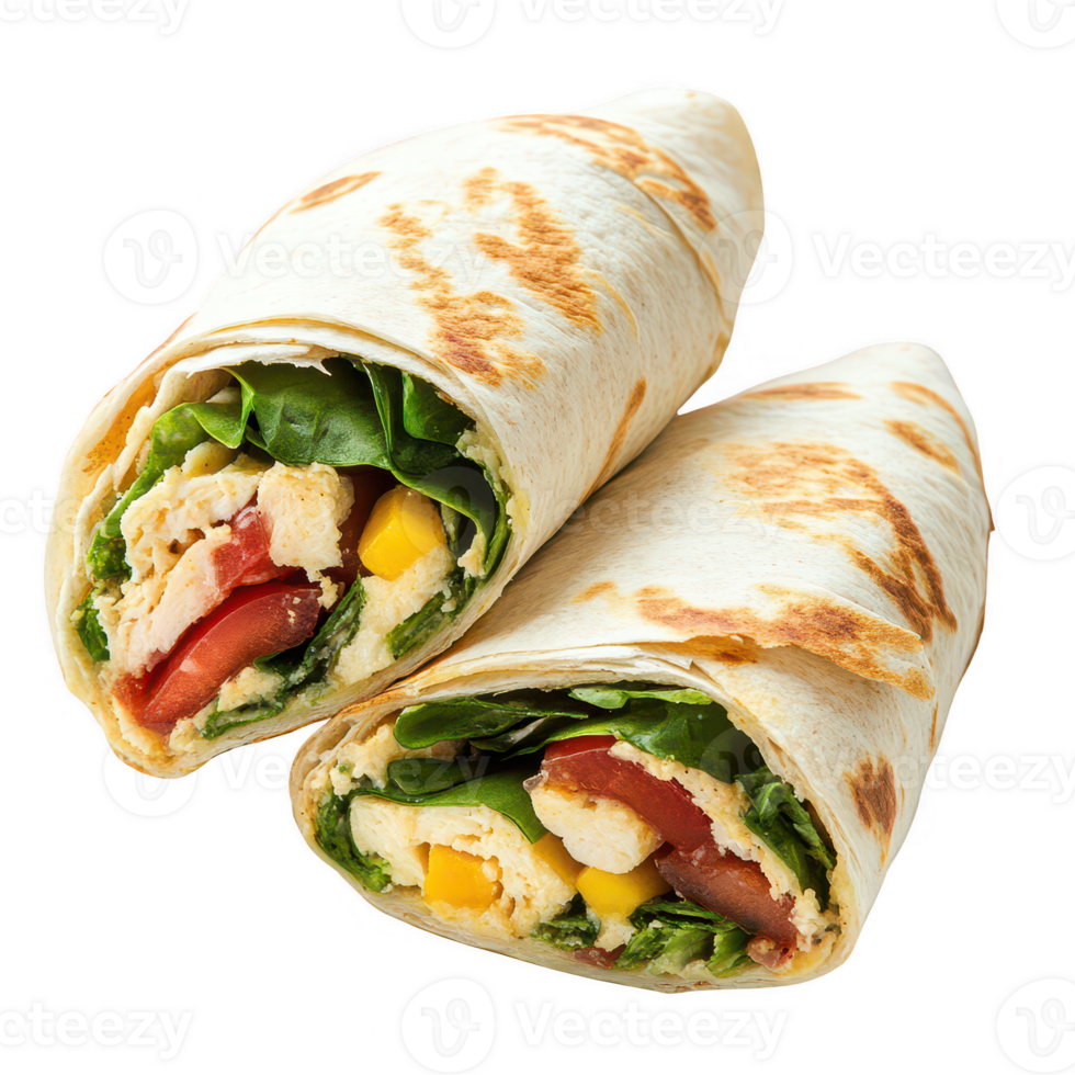 Delicious wraps filled with fresh vegetables and chicken, perfect for a healthy meal. png
