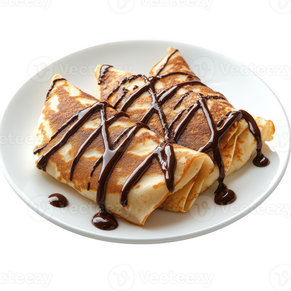Delicious pancakes drizzled with rich chocolate sauce on a white plate. png