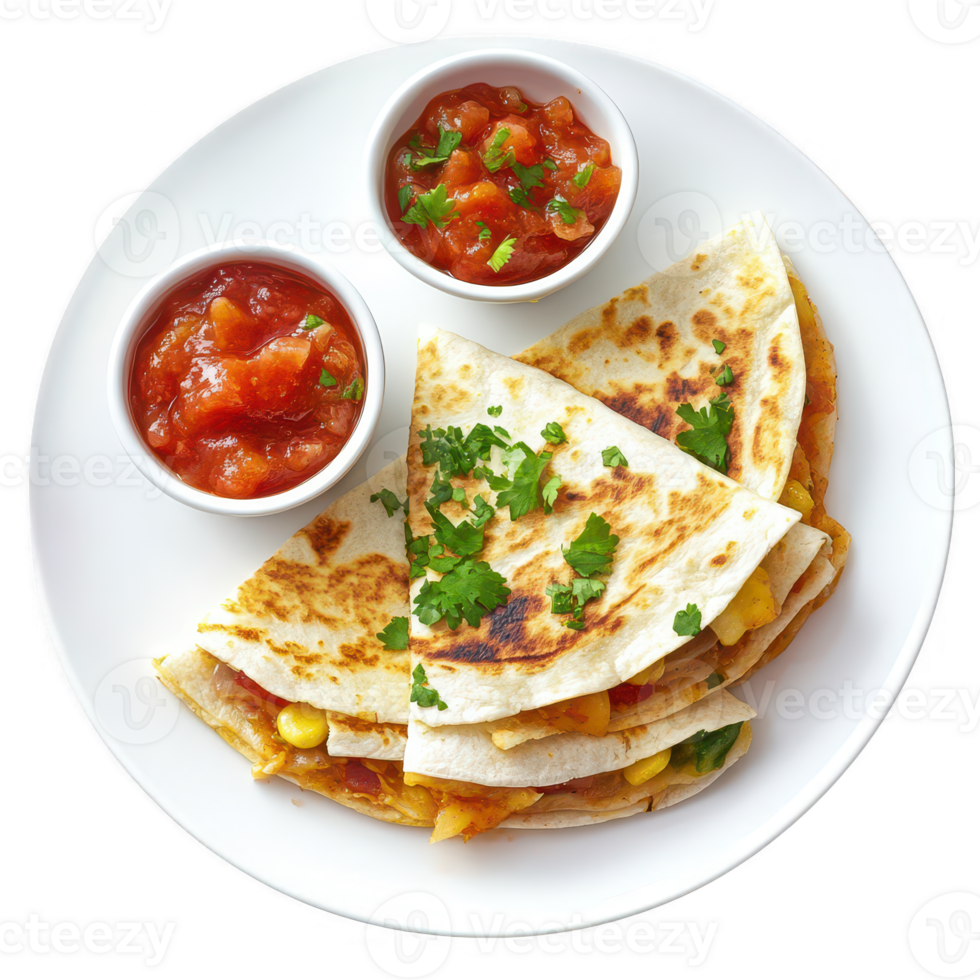 Delicious quesadillas served with fresh salsa and garnished with cilantro. png