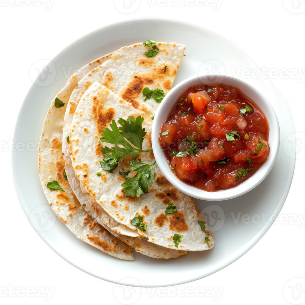 Delicious quesadillas with fresh salsa served on a plate garnished with herbs. png