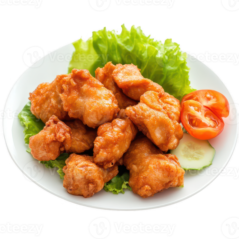 Crispy fried chicken pieces served on a bed of fresh lettuce with tomatoes. png