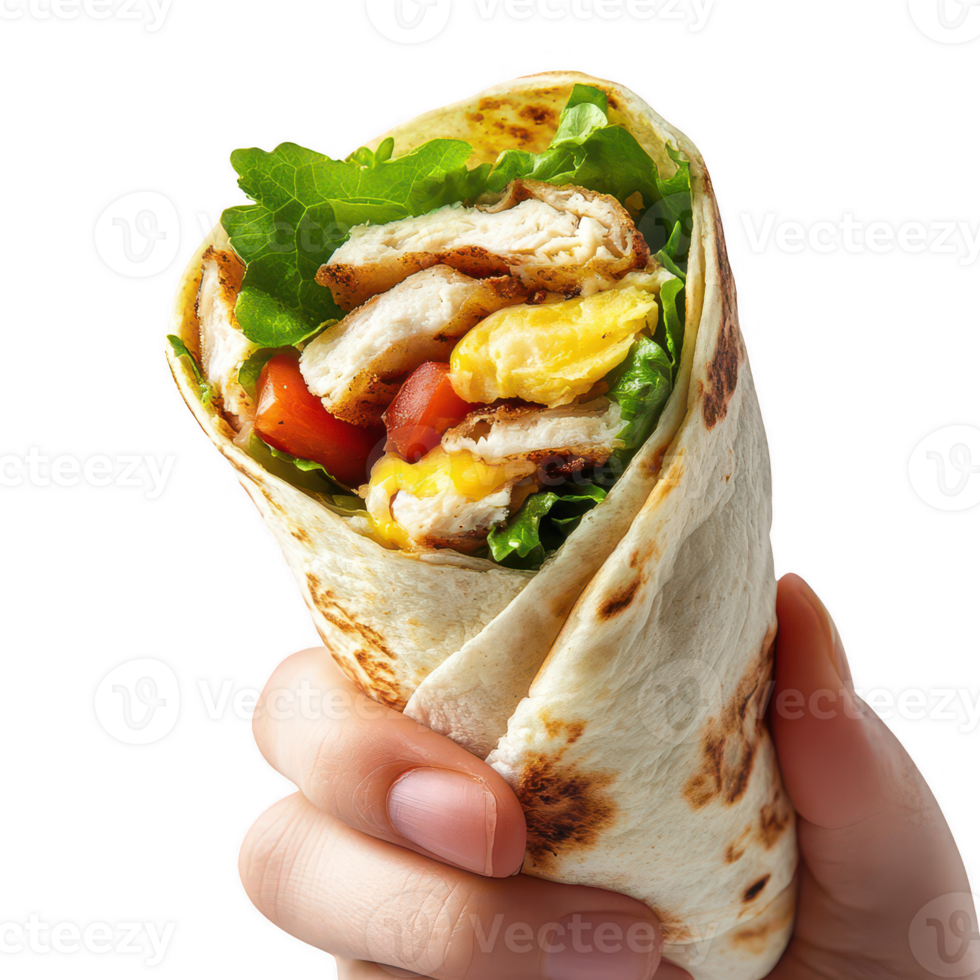 Delicious chicken wrap loaded with fresh ingredients and vibrant colors. png