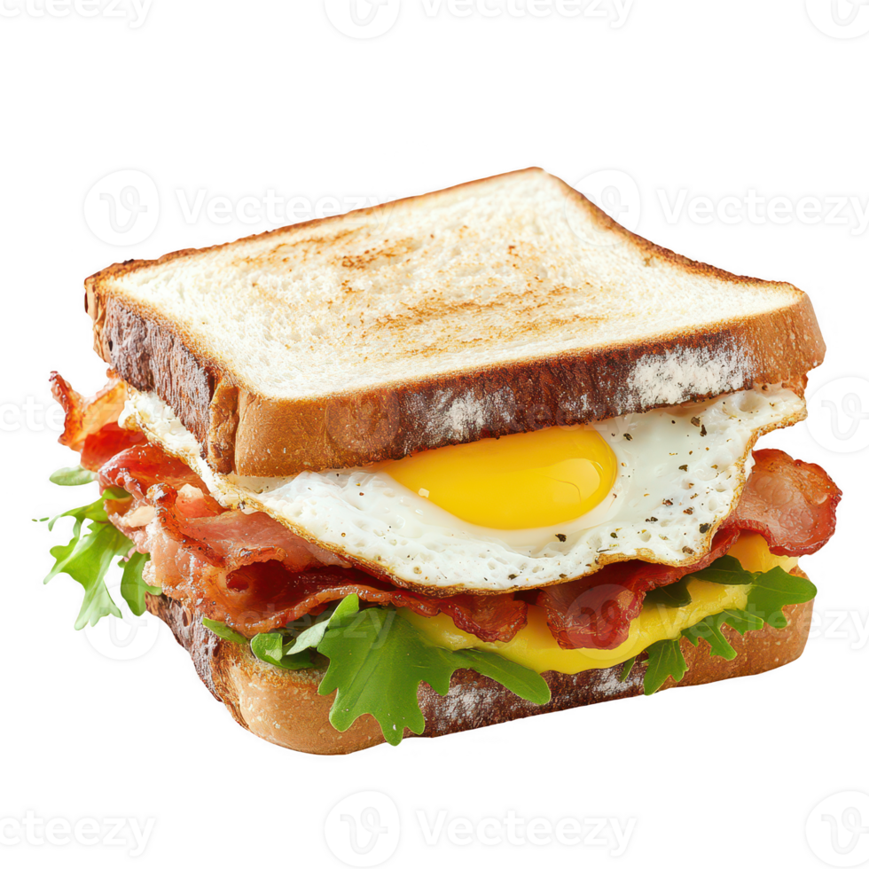 Delicious breakfast sandwich with bacon, egg, and fresh greens on toasted bread. png