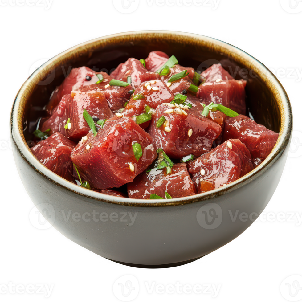 Delicious raw beef cubes garnished with herbs in a stylish bowl. png
