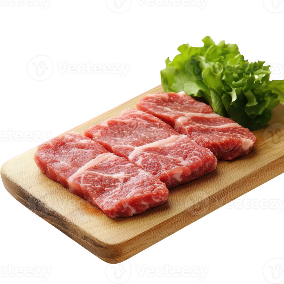 Fresh raw meat slices served with lettuce on a wooden cutting board. png