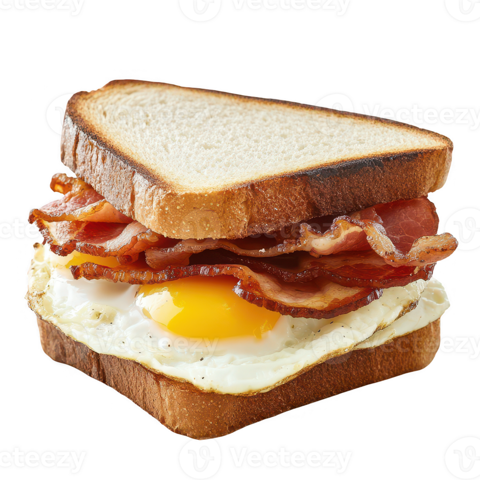 Delicious bacon and egg sandwich on toasted bread, perfect for breakfast cravings. png