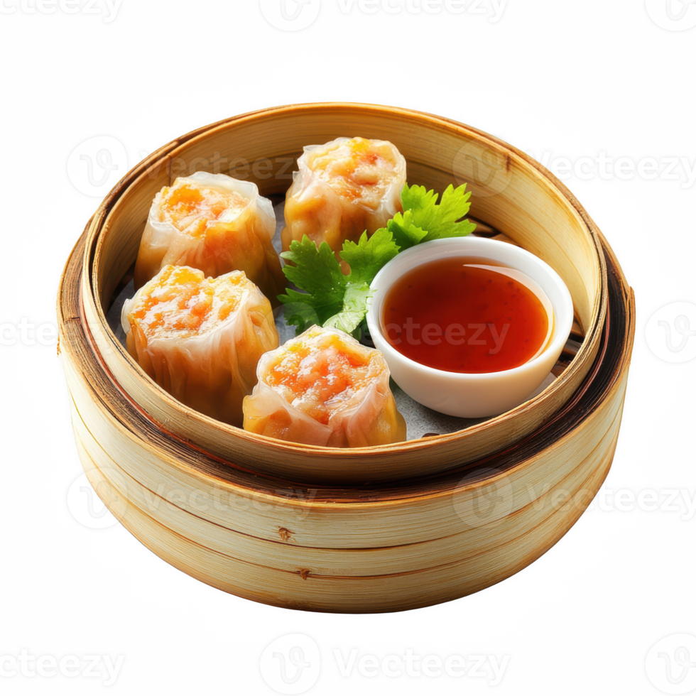 Delicious bamboo steamer filled with shrimp dumplings and dipping sauce. png