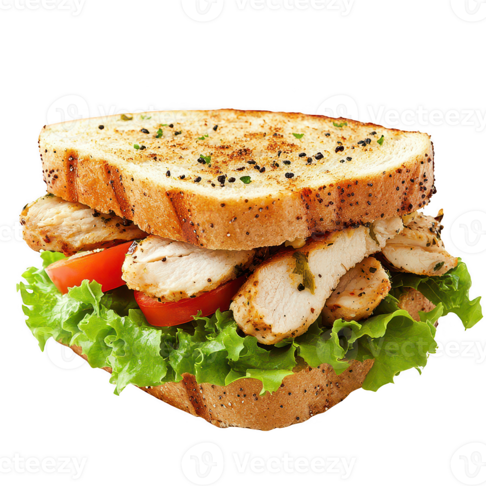 Delicious sandwich with grilled chicken, lettuce, and tomato on whole grain bread. png