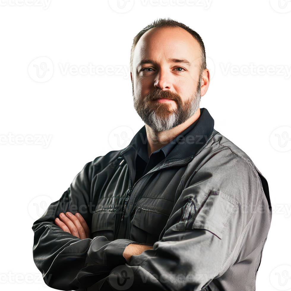 Confident professional man with a beard posing with crossed arms in a uniform. png