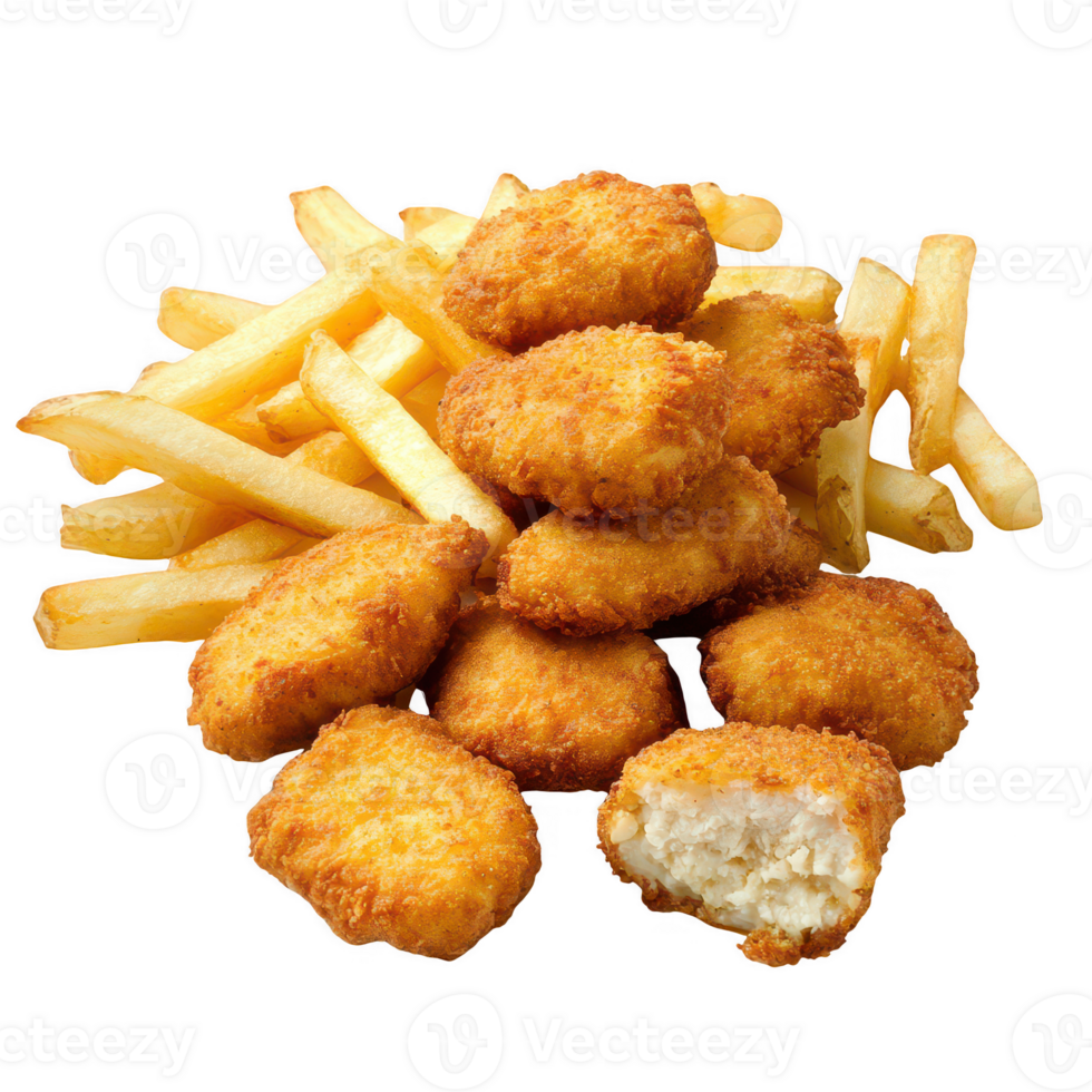 Delicious crispy chicken nuggets served with golden French fries. png