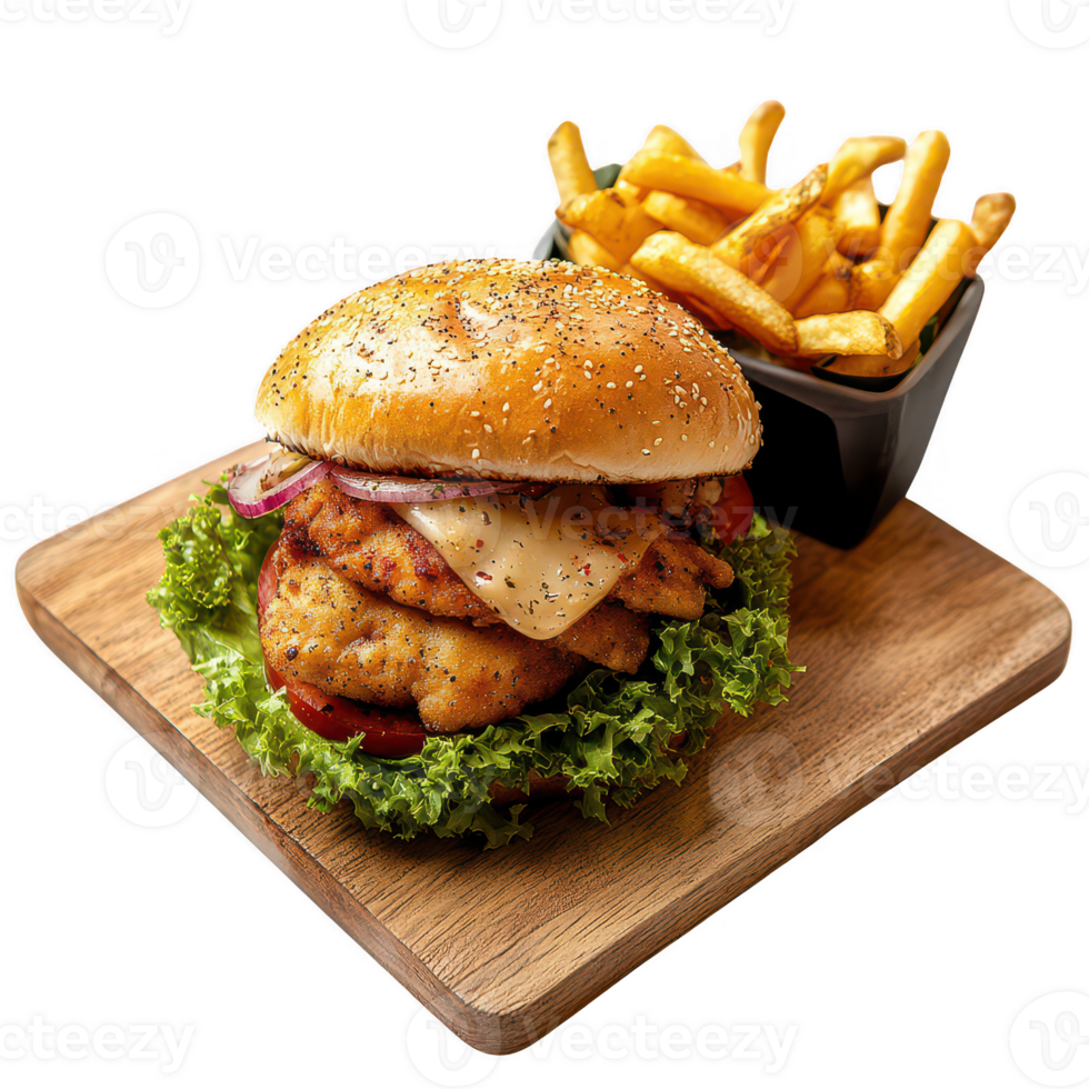 Delicious burger with chicken, cheese, lettuce, and fries on a wooden board. png