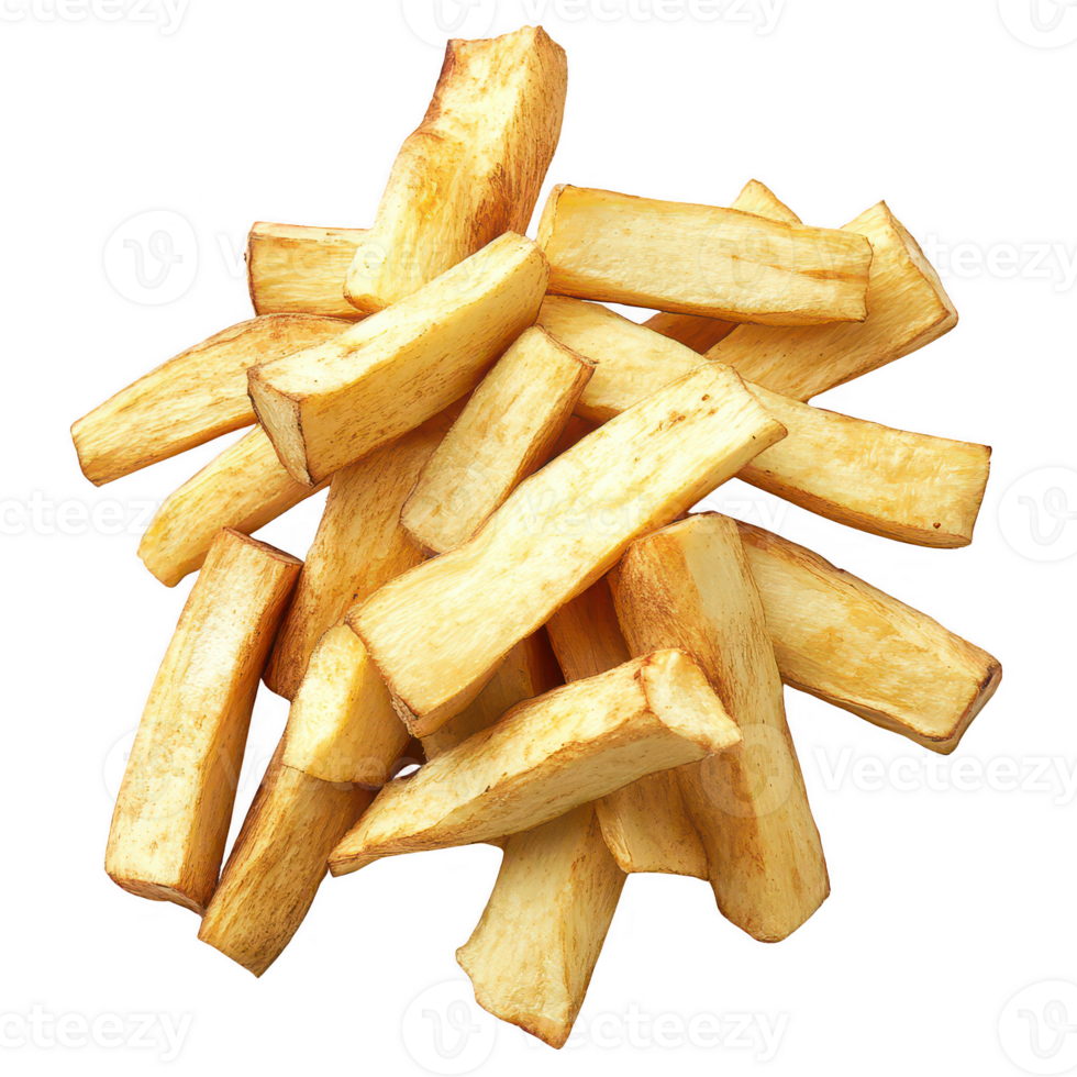 Delicious golden fried cassava sticks, perfect for snacking and sharing. png