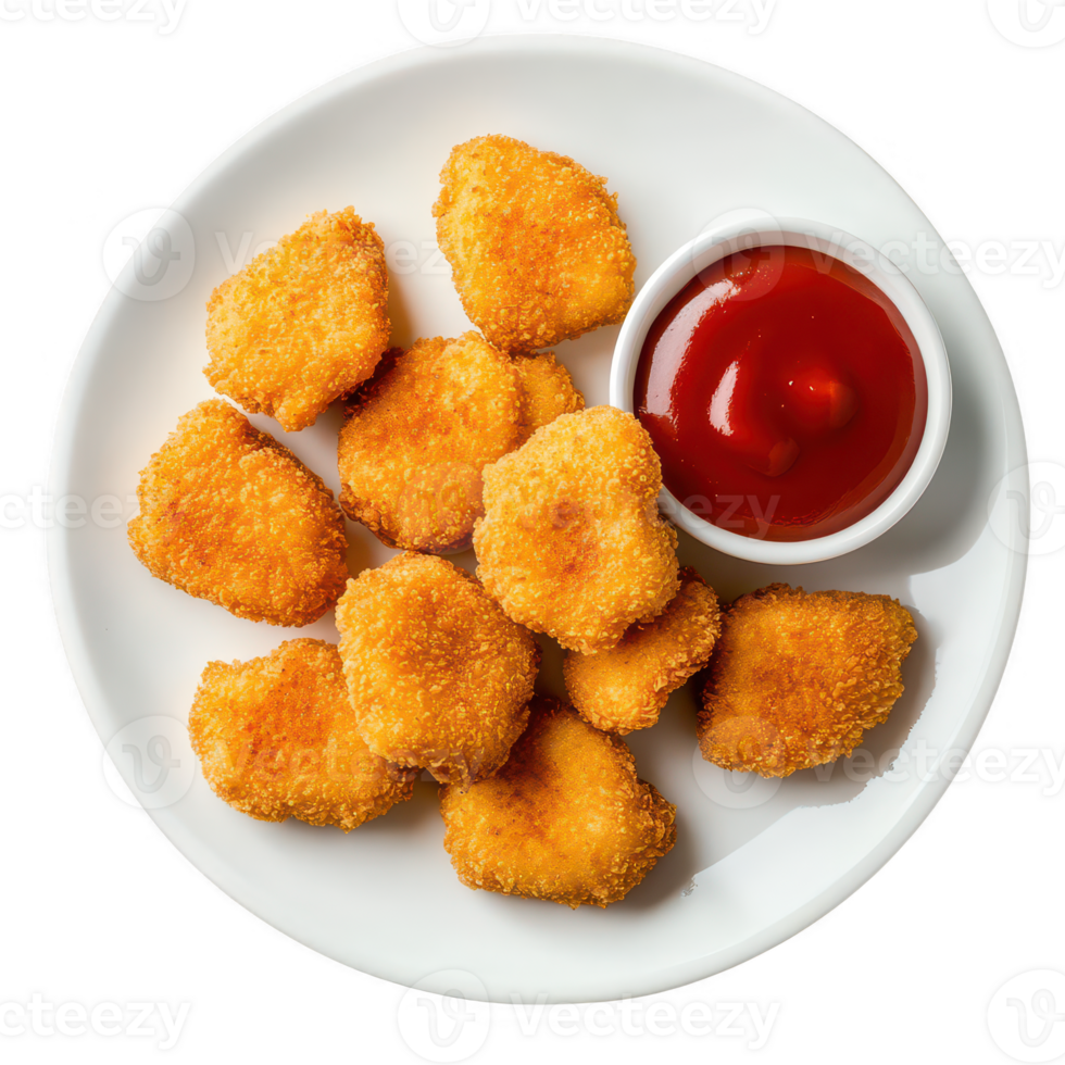 Delicious golden chicken nuggets served with tangy ketchup dipping sauce. png