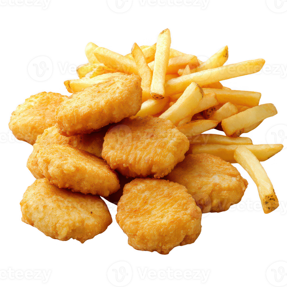 Delicious golden chicken nuggets paired with crispy fries, perfect for any meal. png