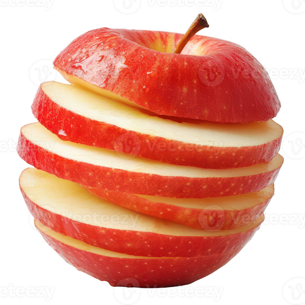 Fresh red apple sliced into spirals, showcasing its juicy interior and vibrant color. png