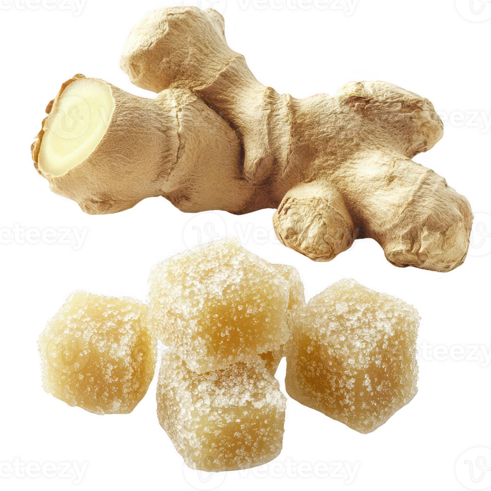 Fresh ginger root and candied ginger pieces on a clean surface. png