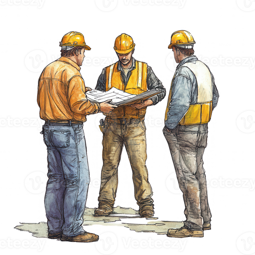 Three construction workers discussing project plans with blueprints in hand. png