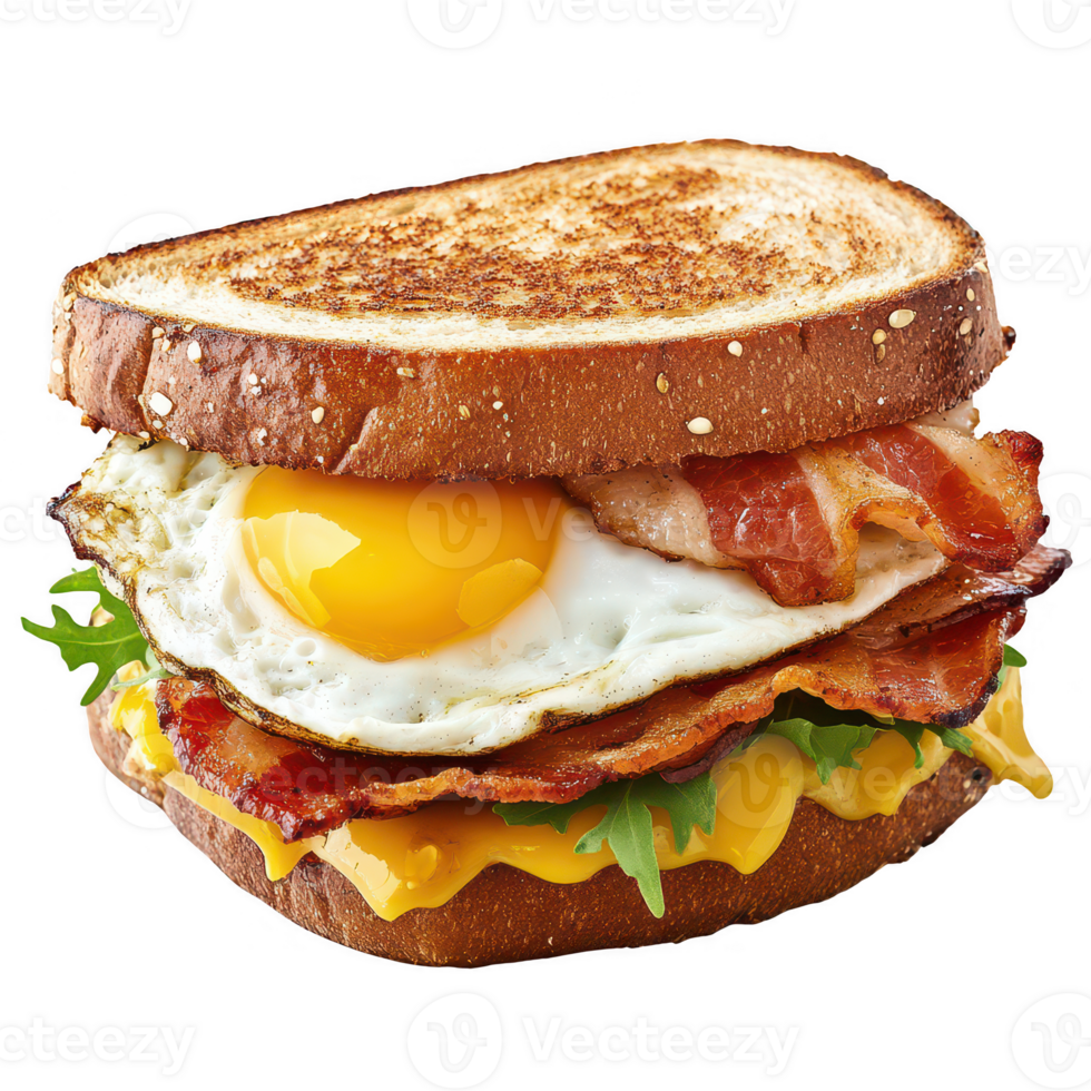 Delicious sandwich with egg, bacon, cheese, and fresh greens, perfect for breakfast. png