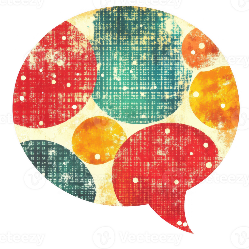 Colorful speech bubble design featuring vibrant polka dot patterns and textures. png