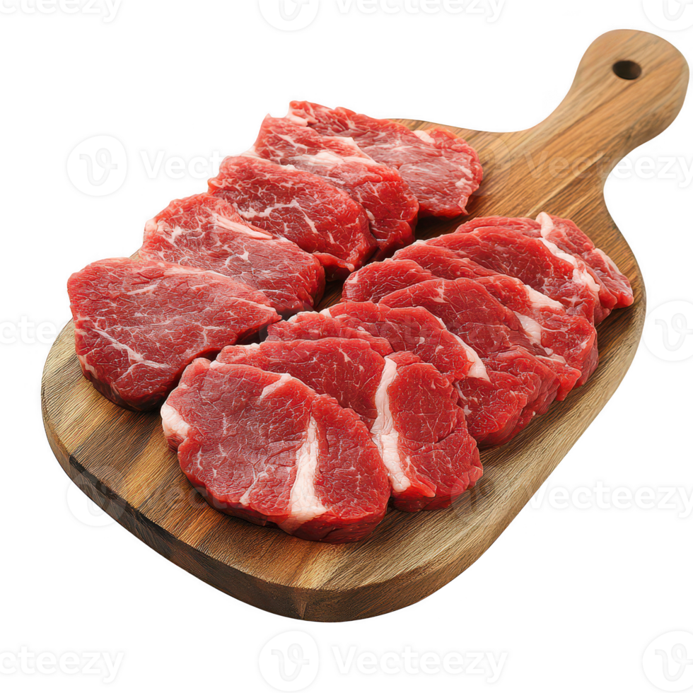 Freshly sliced beef steaks displayed on a wooden cutting board. png