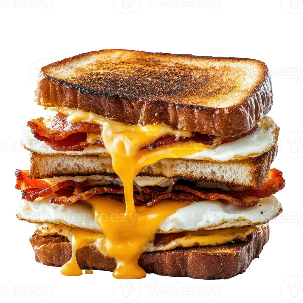 Delicious stacked sandwich with crispy bacon and melted cheese, perfect for breakfast. png