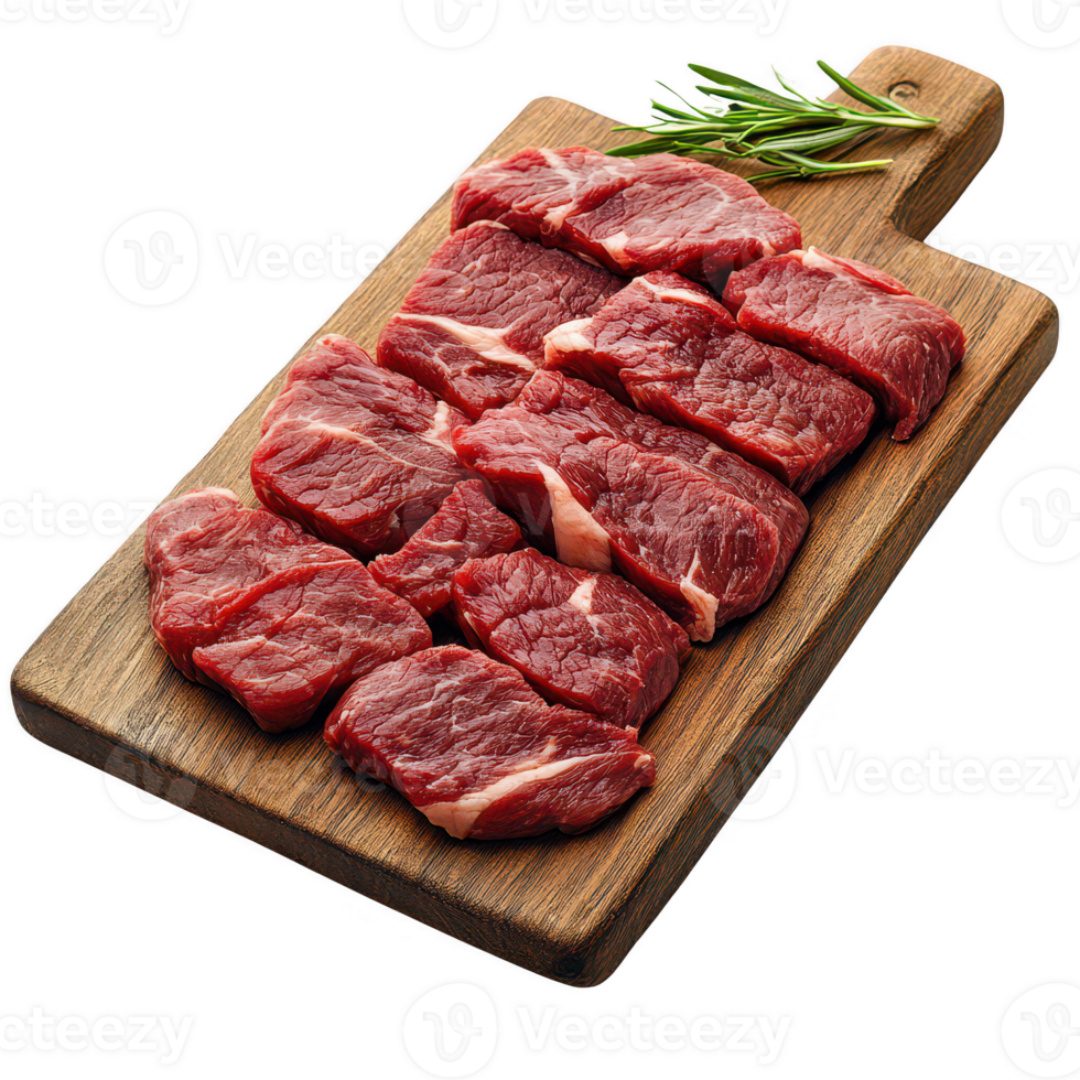 Fresh cuts of meat displayed on a wooden cutting board with herbs. png