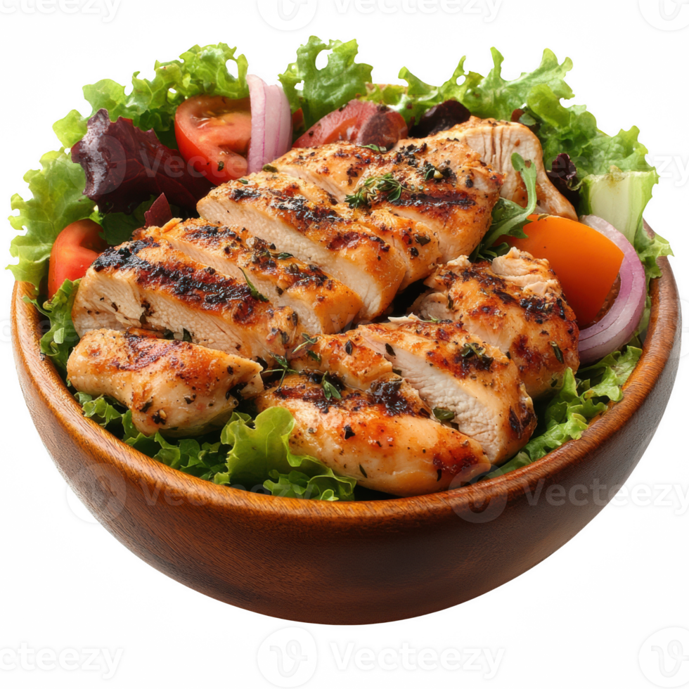 Delicious grilled chicken served on a fresh salad with vibrant vegetables. png