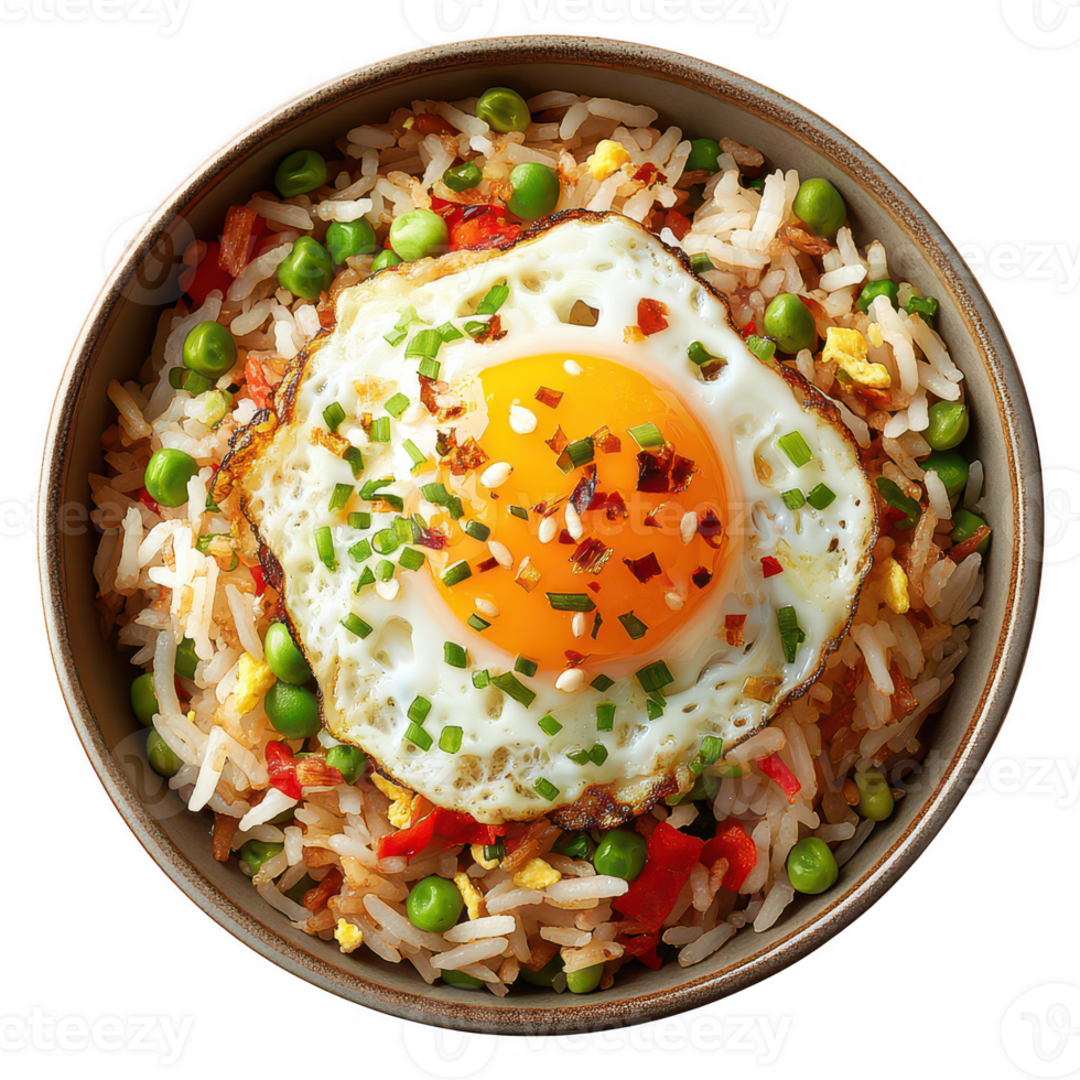Delicious fried rice topped with a sunny-side-up egg and fresh vegetables. png