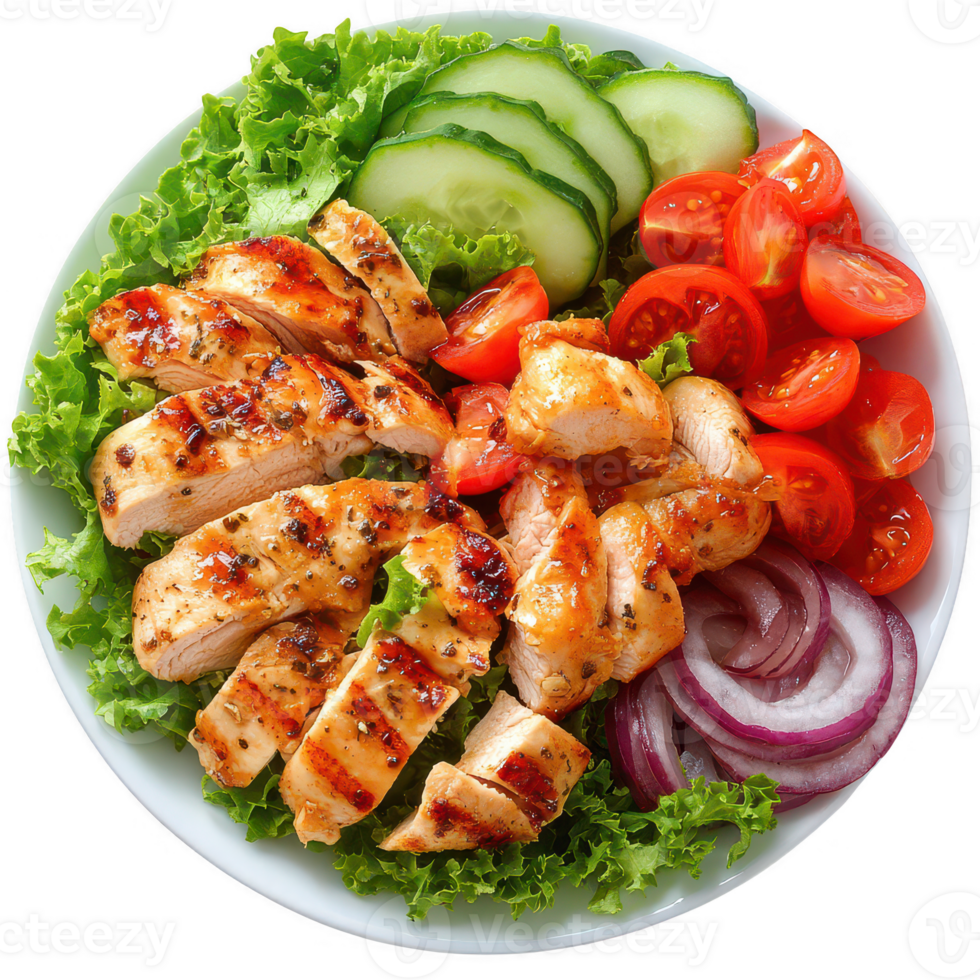 Delicious grilled chicken served with fresh vegetables and vibrant salad. png
