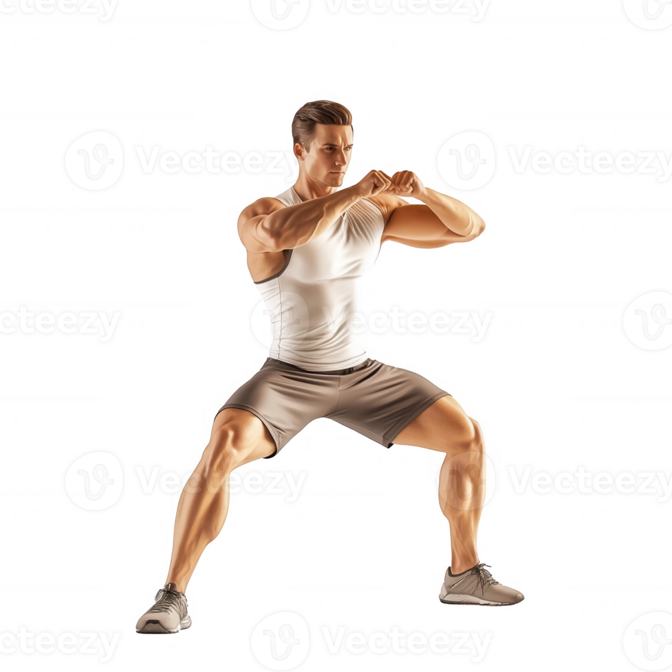A fit man performs a squat exercise in athletic wear showcasing strength and focus. png