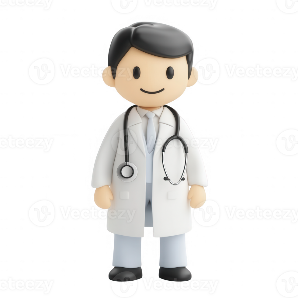 A friendly doctor figure wearing a white coat and stethoscope, ready to assist patients. png