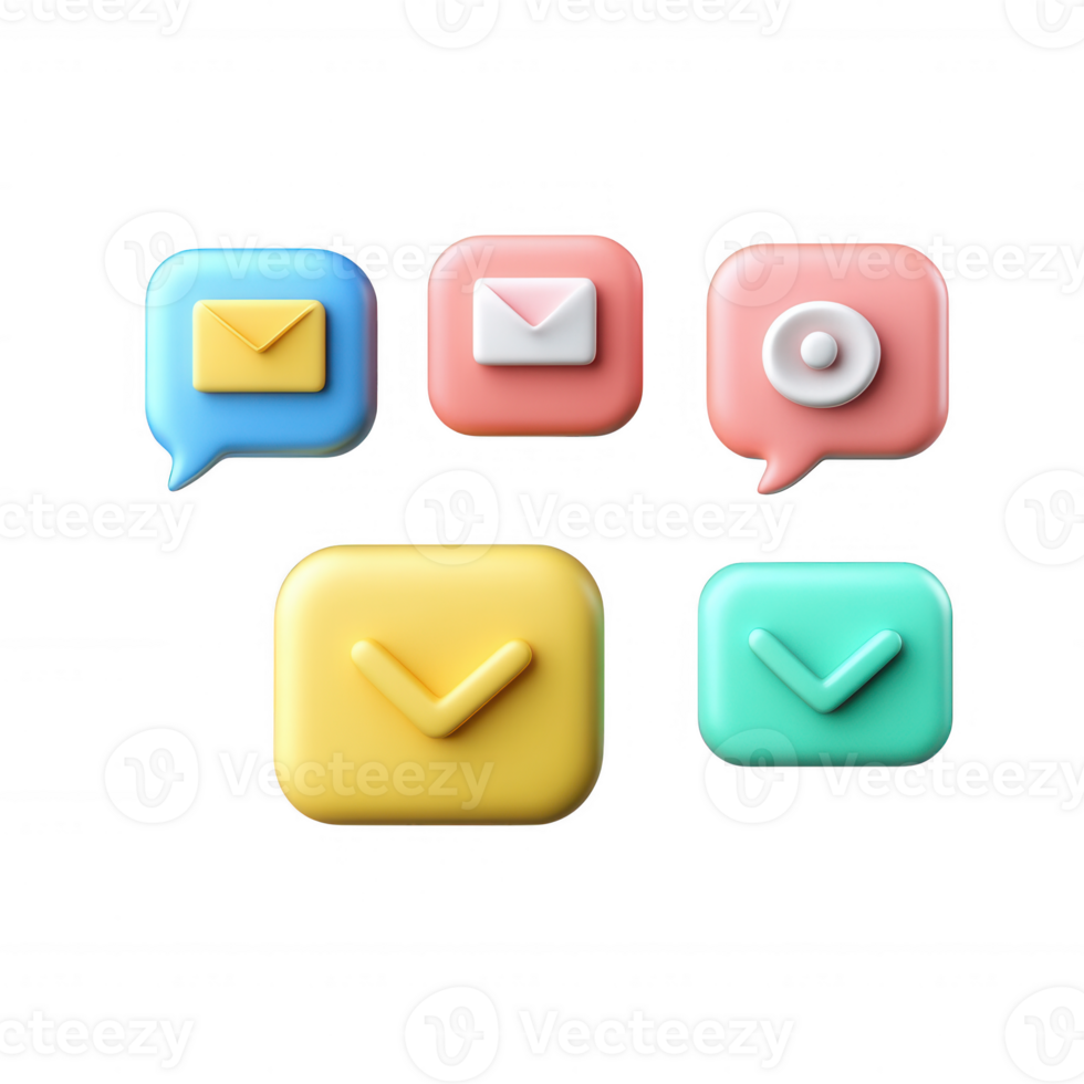 Colorful 3D icons representing communication and task management in digital platforms. png