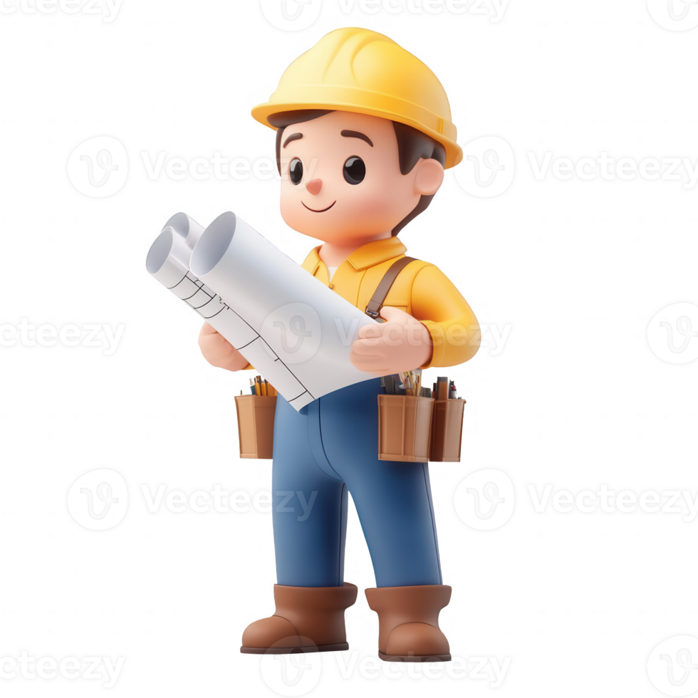 A cute cartoon construction worker analyzing blueprints on the job site. png