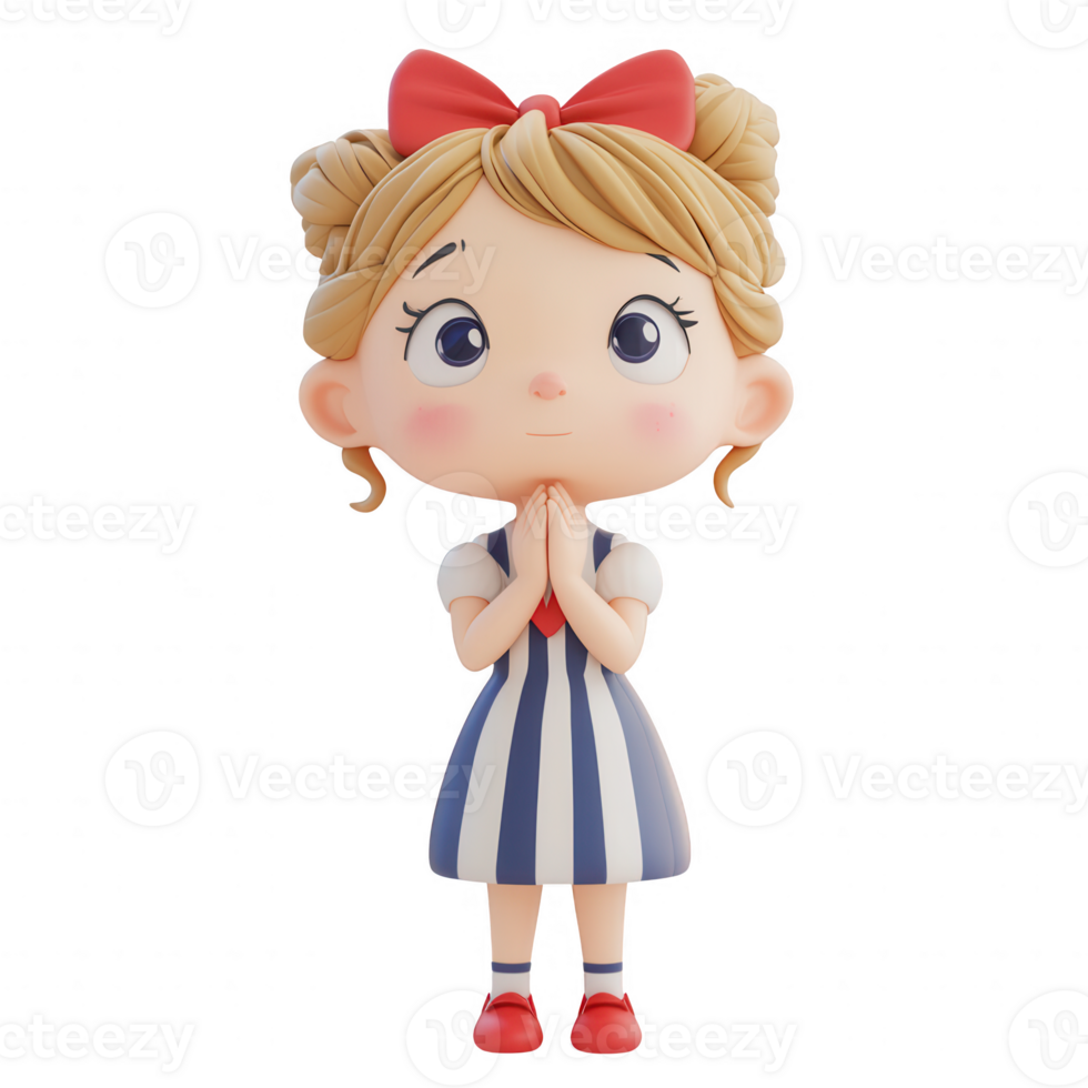 A charming cartoon girl in a striped dress, expressing a sense of wonder and delight. png