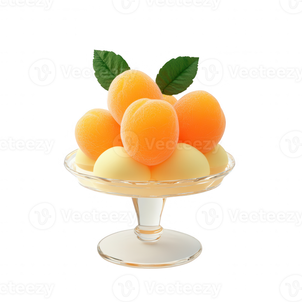Colorful ice cream scoops in a glass cup, garnished with fresh green leaves. png