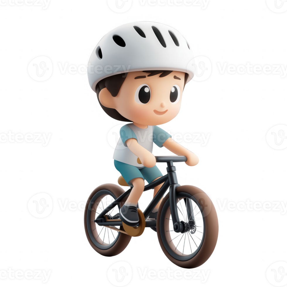 A cute cartoon boy riding a bicycle wearing a helmet, enjoying outdoor leisure activity. png