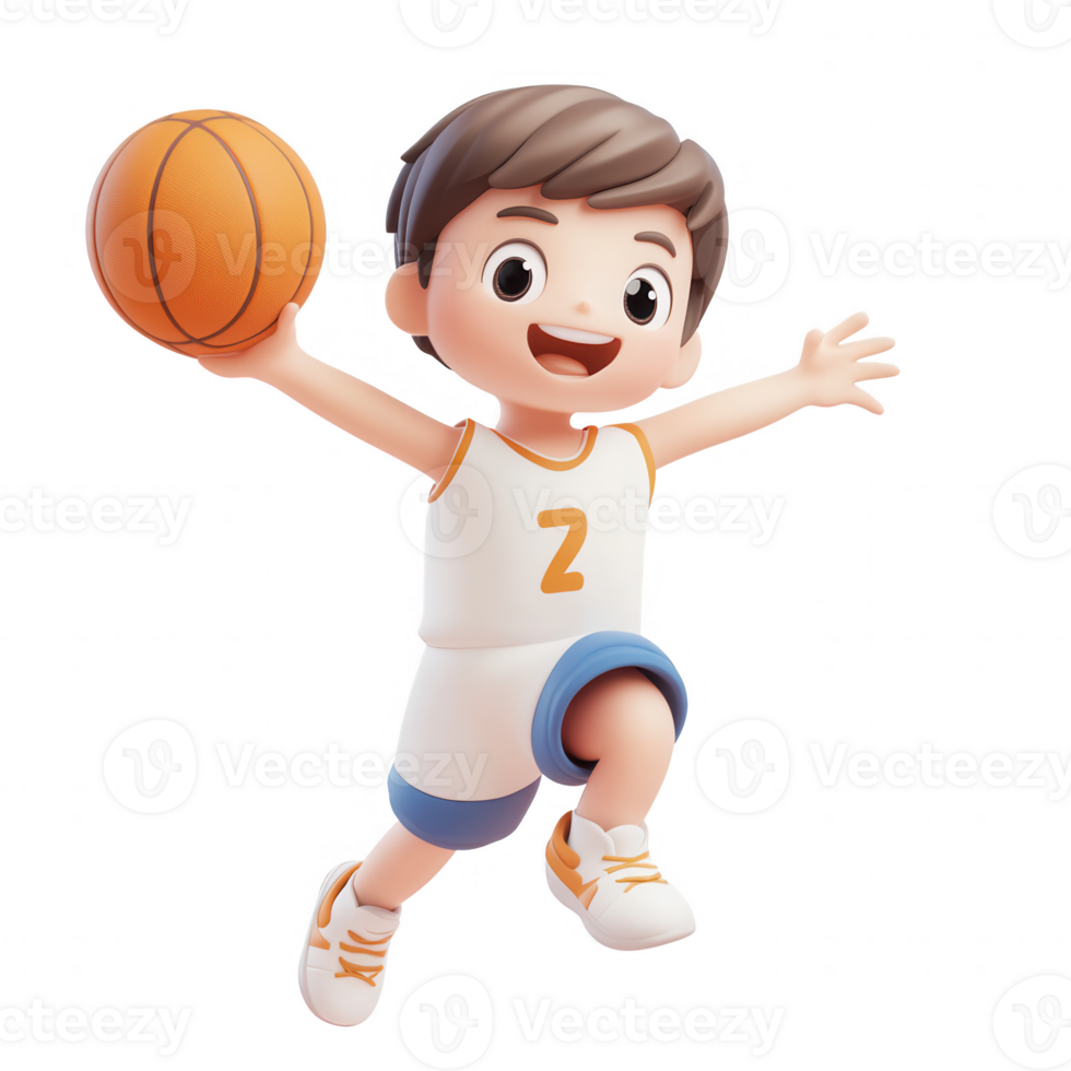 A cheerful cartoon boy actively playing basketball, showcasing joy and energy. png