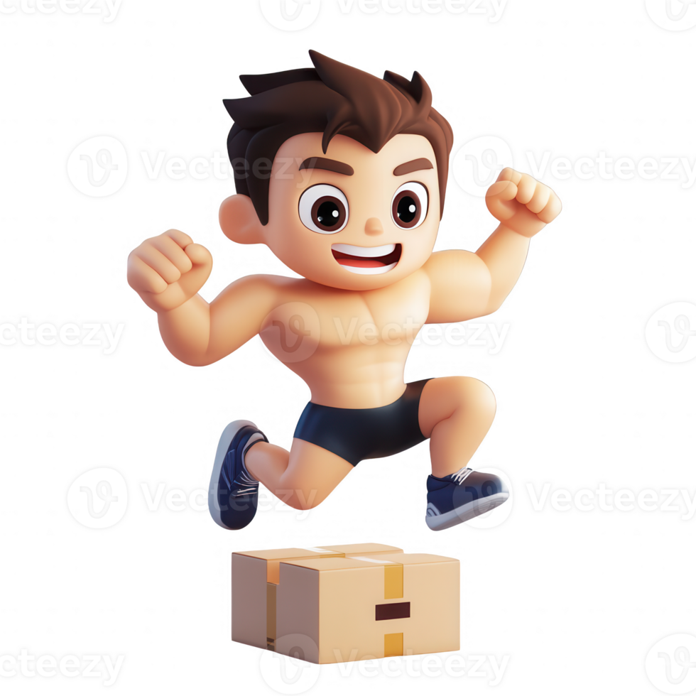 A joyful cartoon character energetically jumping over a box, showcasing enthusiasm. png