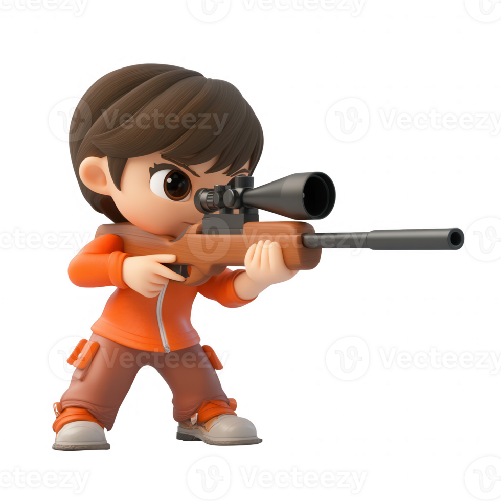 A cartoon character aiming with a sniper rifle, showcasing focused determination. png