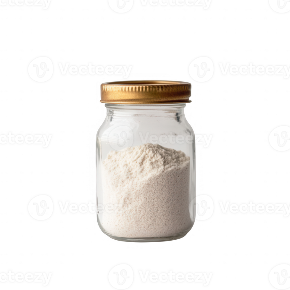 A clear jar filled with white powder, a staple ingredient in many recipes. png